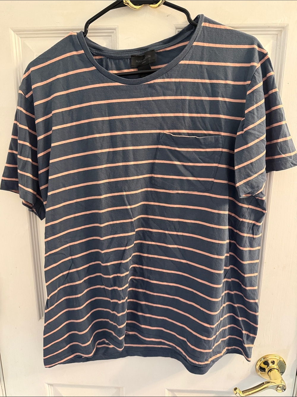 Magaschoni Navy Tee with Pink Stripes and Chest Pocket